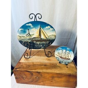 3D Relief Plaque Set Nautical Blue Sailboat Lighthouse Coastal Decor Vintage